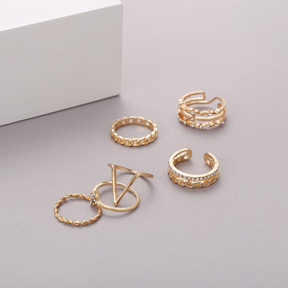 5pcs New Personality Golden Ring Creative Geometric Inlaid Rhinestone Girl and Lady Ring daiiibabyyy