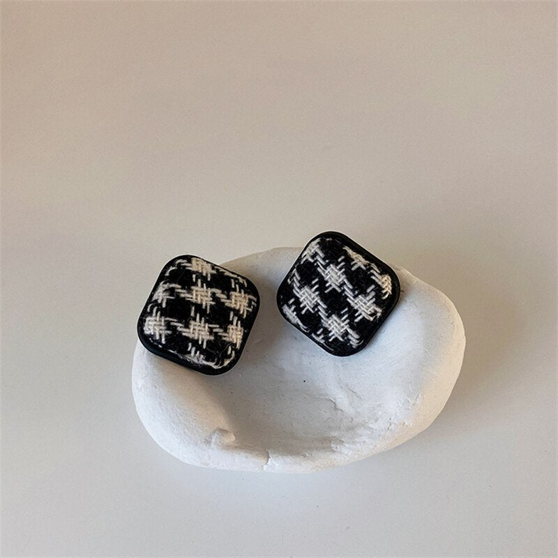 Autumn/winter New Fashion Korean Geometric Round Square Houndstooth Woolen Cloth Earrings For Women Girls Personality Jewelry daiiibabyyy