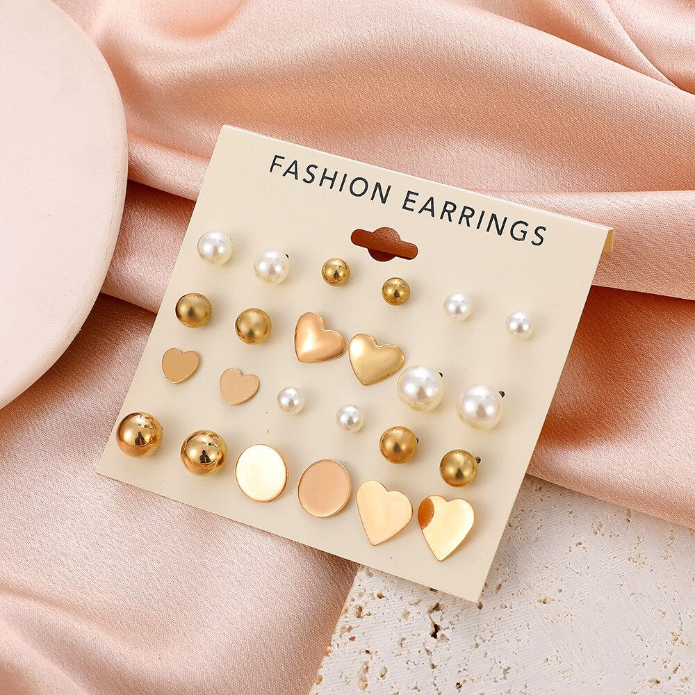 24pcs Women's Earrings Set Pearl Earrings for Women Bohemian Fashion Jewelry 2022 Geometric Crystal Heart Stud Earrings daiiibabyyy