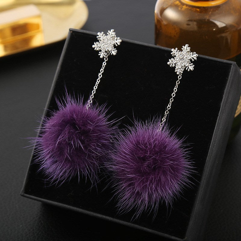 Autumn New Fashion Long Mink Fur Fluffy Hairball Dangle Earrings For Women Girls Party Jewelry Crystal Snowflake Drop Earring daiiibabyyy