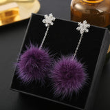 Autumn New Fashion Long Mink Fur Fluffy Hairball Dangle Earrings For Women Girls Party Jewelry Crystal Snowflake Drop Earring daiiibabyyy