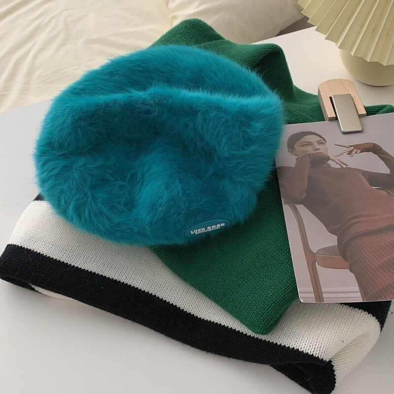 Autumn and Winter Warm Candy Color Painter Hat Rabbit Fur Women Beret Women Luck Born Slogan Fashion Hat Luxury Winter Woman Hat daiiibabyyy