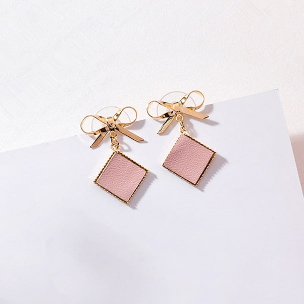 2022 Sweet Style Cute Bowknot Geometric Drop Earings For Girl Colourful Leather Square Pendientes Fashion Boucle D oreille daiiibabyyy