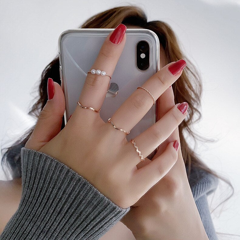 5pcs/set Fashion Simple Korean Finger Rings Sets For Women 2022 Trendy Chic Imitation Pearl Circles Forefinger Ring Femme Bijoux daiiibabyyy