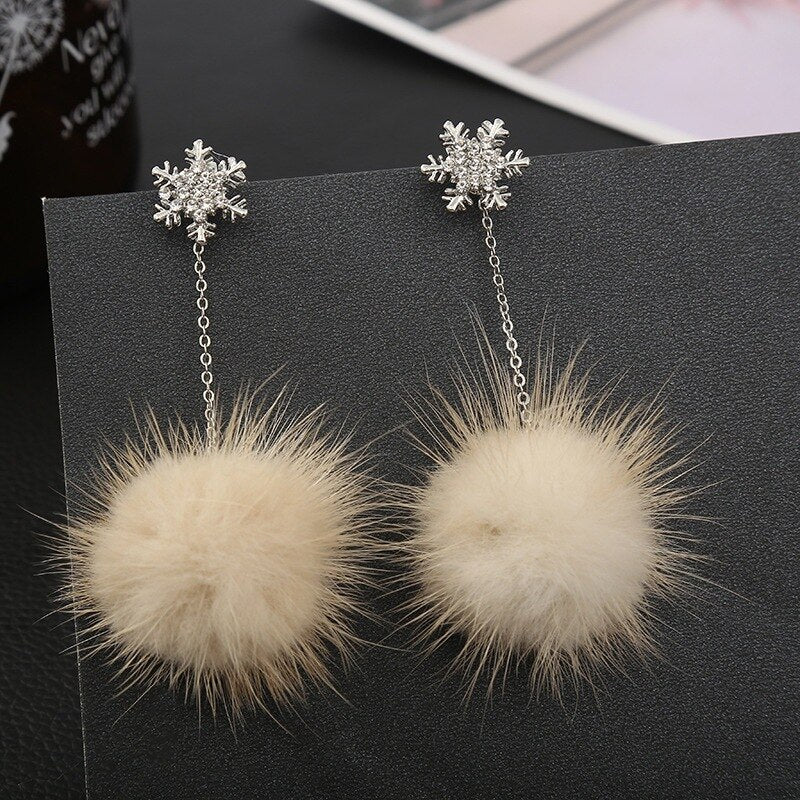 Autumn New Fashion Long Mink Fur Fluffy Hairball Dangle Earrings For Women Girls Party Jewelry Crystal Snowflake Drop Earring daiiibabyyy