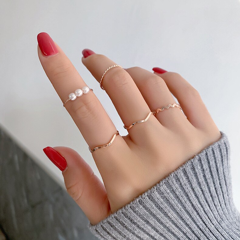 5pcs/set Fashion Simple Korean Finger Rings Sets For Women 2022 Trendy Chic Imitation Pearl Circles Forefinger Ring Femme Bijoux daiiibabyyy