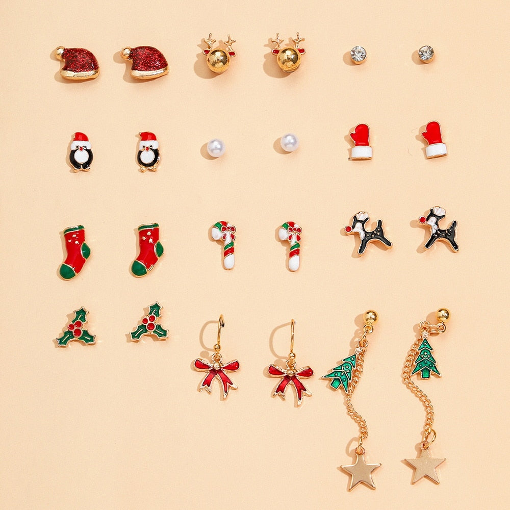 8pair/set Christmas Earrings Cute Santa Claus Snowman Christmas Tree Bell Stud Earrings For Women Fashion Party Jewelry Gifts daiiibabyyy