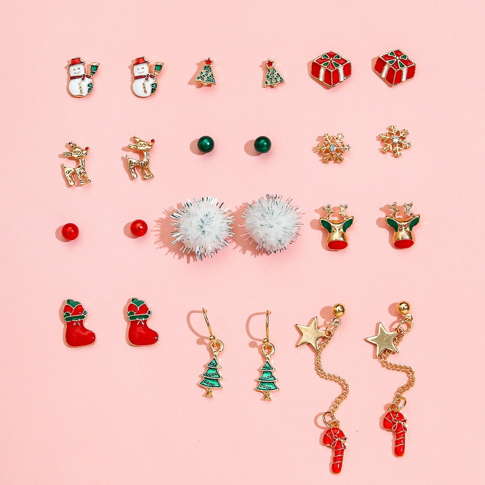 8pair/set Christmas Earrings Cute Santa Claus Snowman Christmas Tree Bell Stud Earrings For Women Fashion Party Jewelry Gifts daiiibabyyy