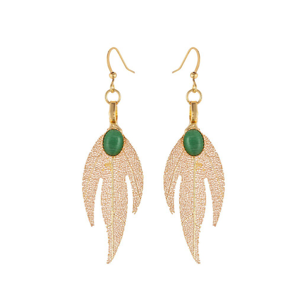 Beautiful Gold Leaf Women Earrings Green Stone Wholesale Hotselling Jewelry Dangle Pendientes brincos Hotsale Earrings for Women daiiibabyyy