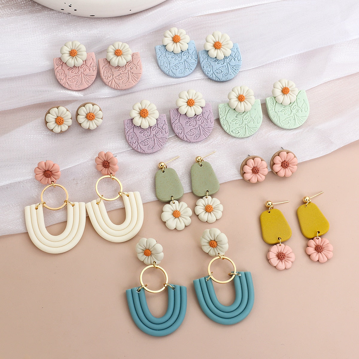 AENSOA Multiple Fashion Handmade Polymer Clay Earrings Multicolor Geometric Round Circle Flowers Drop Pendant Layered Earrings daiiibabyyy
