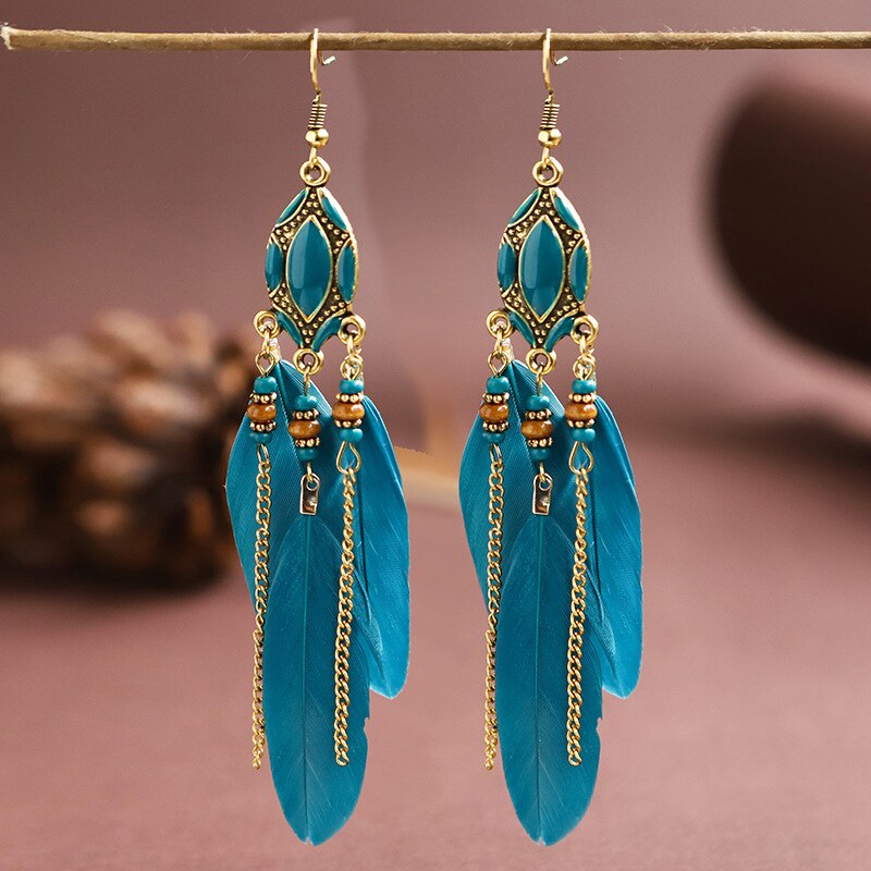 Bohemian Feather Earrings for Women Brincos Indian Jewelry Long Chian Tassel Silver Color Alloy Dangle Earrings As Gift daiiibabyyy