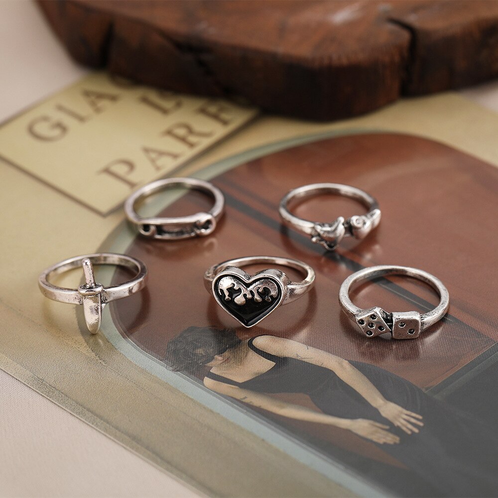 Brand New Retro Love Heart Silver Ring Men's and Women's Snake-shaped Dice Punk Style Jewelry Ring Always Love Combination 5 daiiibabyyy