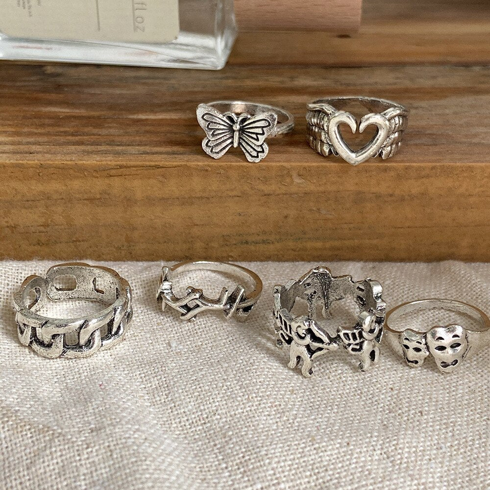 6 Retro Punk Butterfly Rings Ladies Men's Antique Silver Geometric Ring Gifts Nepal Ring  Rings for Men daiiibabyyy