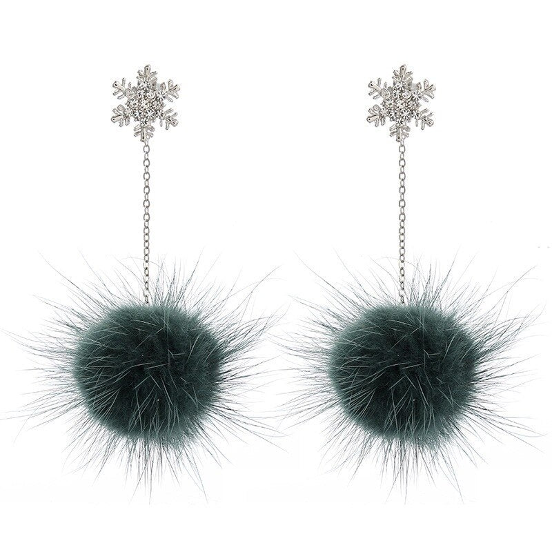 Autumn New Fashion Long Mink Fur Fluffy Hairball Dangle Earrings For Women Girls Party Jewelry Crystal Snowflake Drop Earring daiiibabyyy
