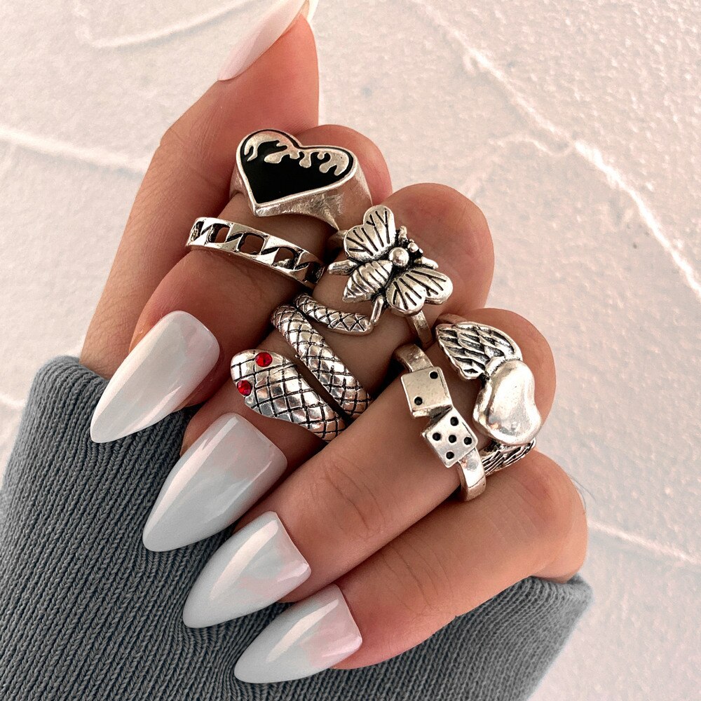 Brand New Retro Love Heart Silver Ring Men's and Women's Snake-shaped Dice Punk Style Jewelry Ring Always Love Combination 5 daiiibabyyy