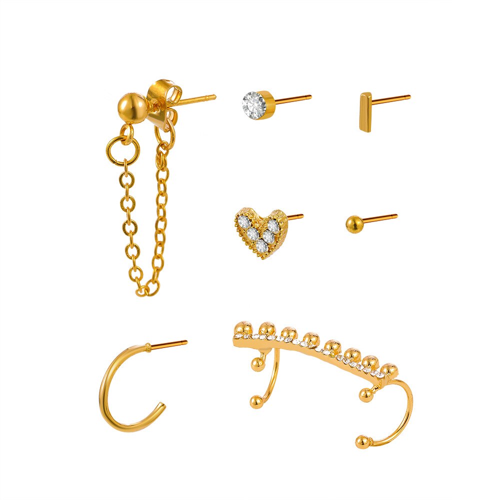 7pcs Fashion Gold Heart Zircon Non-Piercing Ear Clip Earrings for Women Simple Fake Cartilage Ear Cuff Jewelry Clip Accessories daiiibabyyy