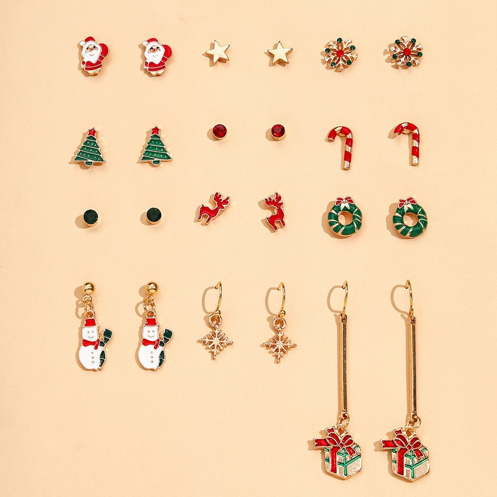 8pair/set Christmas Earrings Cute Santa Claus Snowman Christmas Tree Bell Stud Earrings For Women Fashion Party Jewelry Gifts daiiibabyyy