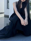 Black Long Tank Dress Women Spring Summer O Neck Floor-length Office Lady Casual Pockets Dresses 2023 New Female Clothing