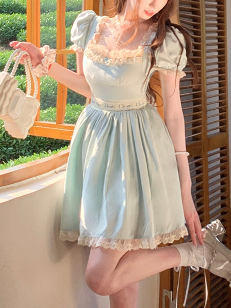 Blue Lace France Elegant Dress Women Puff Sleeve Evening Party Mini Dress Female Japanese Bow Sweet Kawaii Dress Summer New