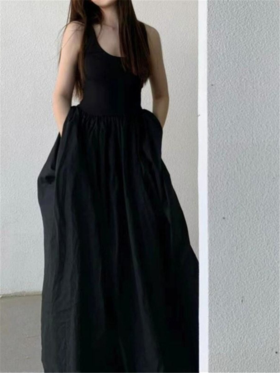 Black Long Tank Dress Women Spring Summer O Neck Floor-length Office Lady Casual Pockets Dresses 2023 New Female Clothing