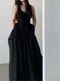 Black Long Tank Dress Women Spring Summer O Neck Floor-length Office Lady Casual Pockets Dresses 2023 New Female Clothing