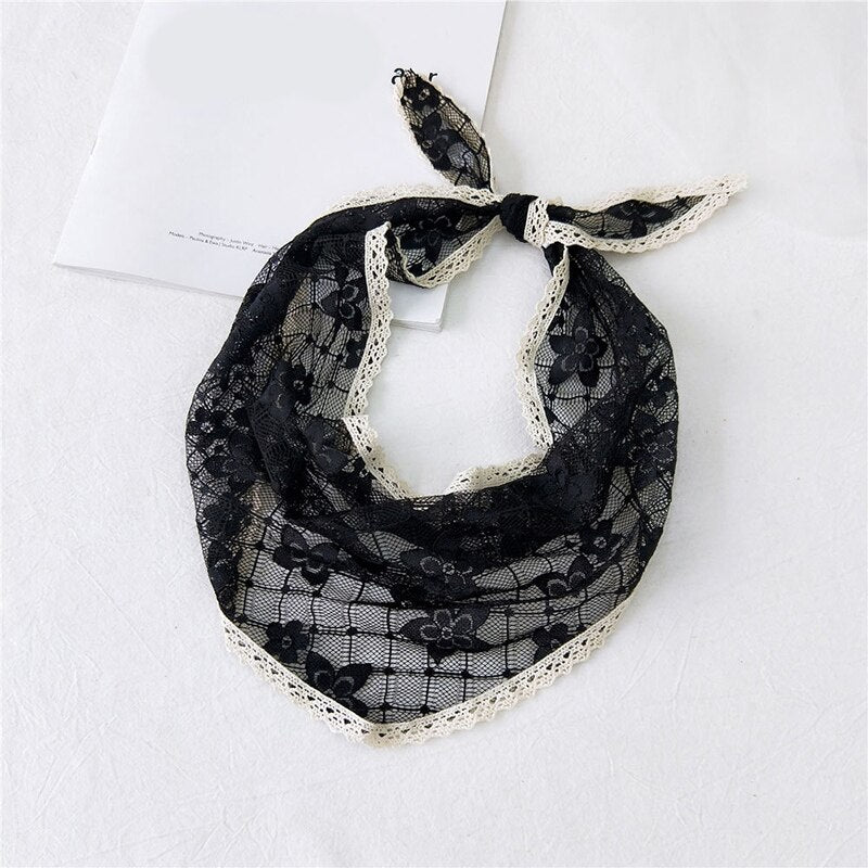 Candy Color Triangle Lace Scarf Hollow out Handkerchief Bag with Floral DIY Woman Lace Mesh Hair Head Scarfs Bandana daiiibabyyy