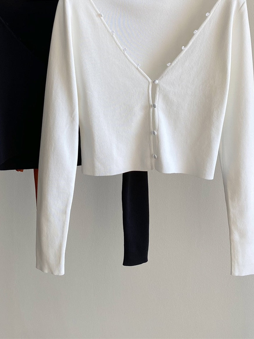 3 Colors Ladies Sexy Single Breasted Hollow Out Cardigan Fall New Female V Neck Long Sleeve Slim Short Knitwear Top