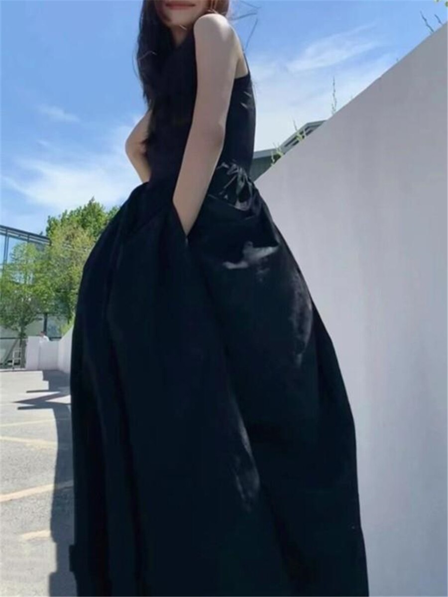 Black Long Tank Dress Women Spring Summer O Neck Floor-length Office Lady Casual Pockets Dresses 2023 New Female Clothing