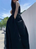 Black Long Tank Dress Women Spring Summer O Neck Floor-length Office Lady Casual Pockets Dresses 2023 New Female Clothing