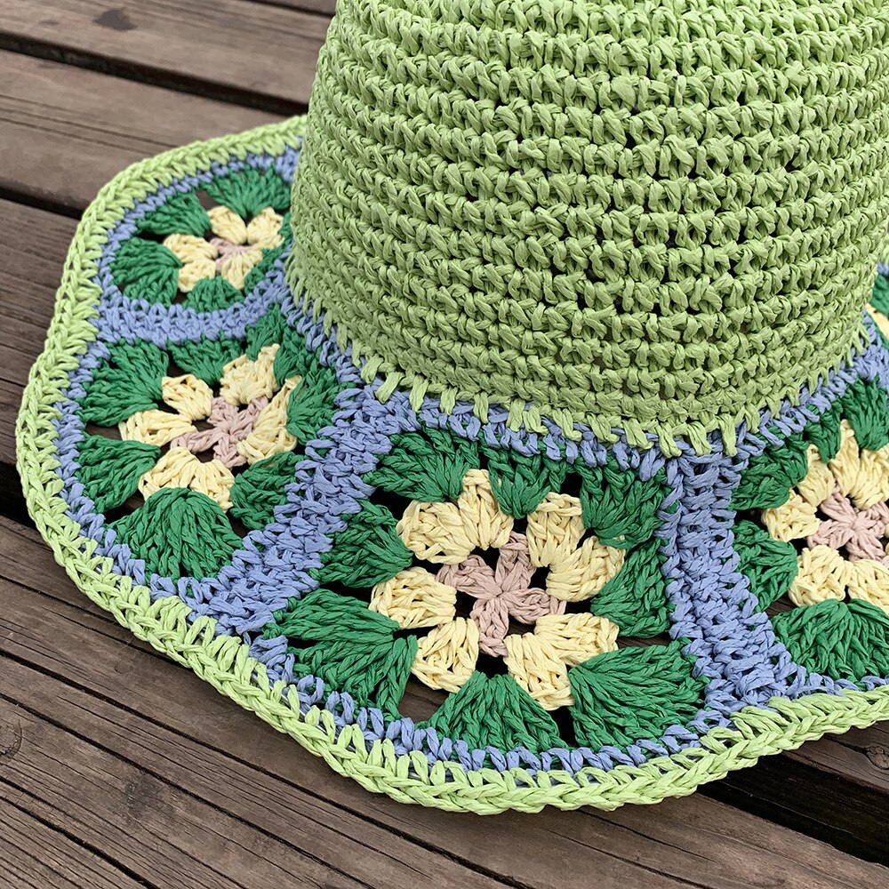 2022 Summer New Straw Hat Japanese Flower Handmade Crochet Caps Panama UV Protection Sun Visor Beach Hats Women daiiibabyyy