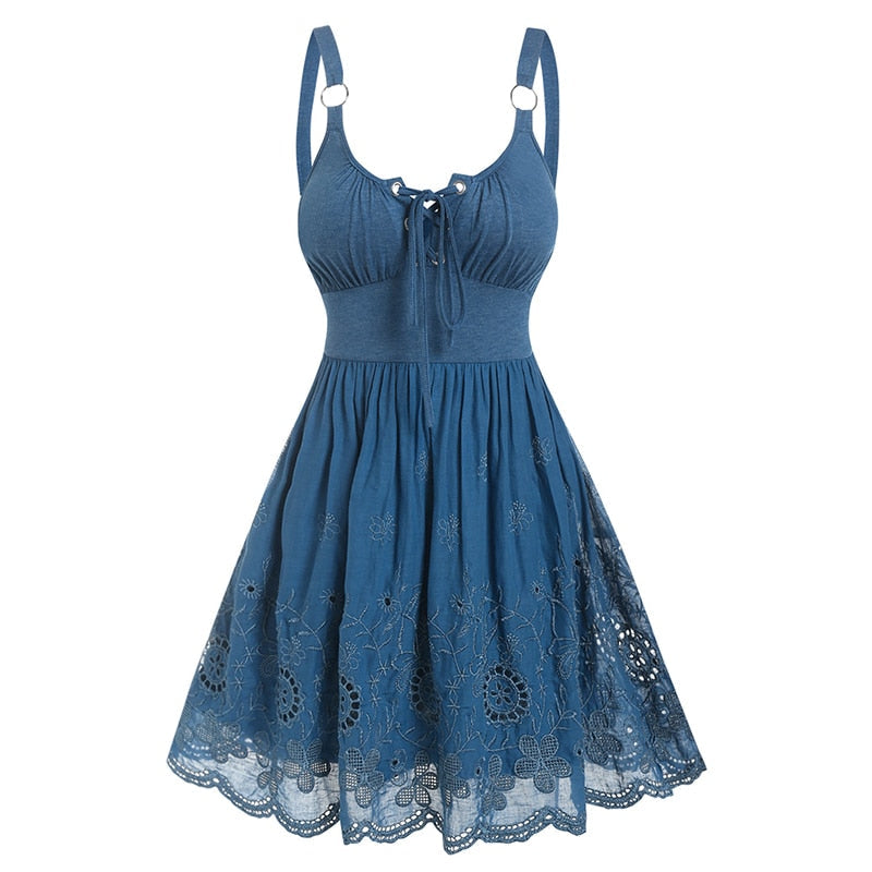 A Line Eyelet Mini Flower Embroidered Sleeveless Lace-up Dresses Skydiver Summer Casual Female Robe