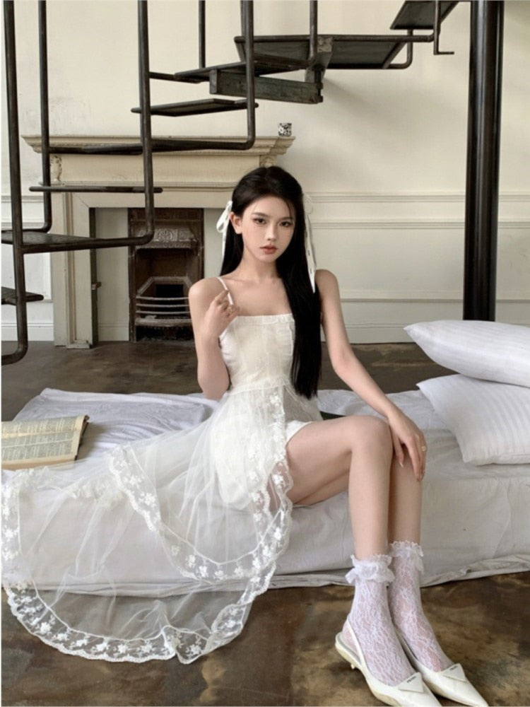 Brithday Dress Women Summer White Black Strap Irregular Y2k Dress Female Lace Fashion Holiday Beach Dress Vestidos Back Elastic