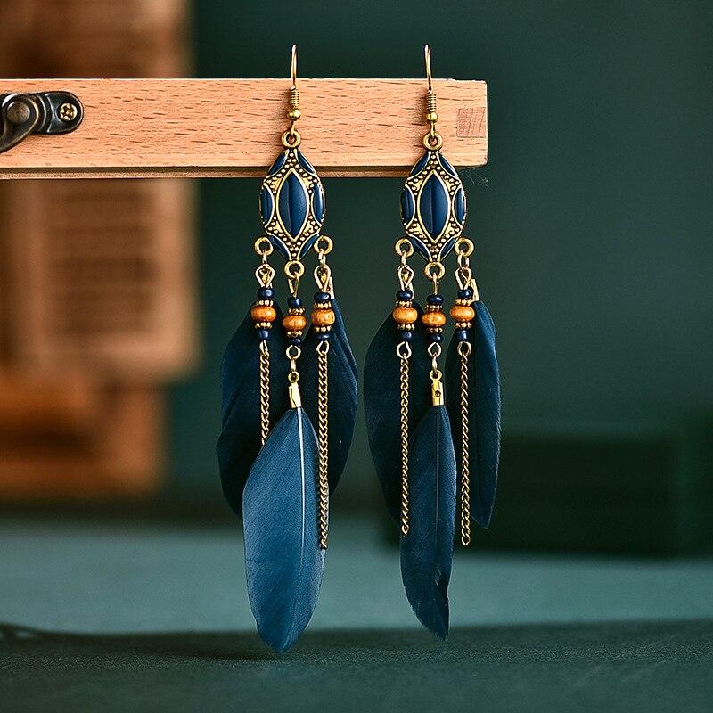 Bohemian Feather Earrings for Women Brincos Indian Jewelry Long Chian Tassel Silver Color Alloy Dangle Earrings As Gift daiiibabyyy