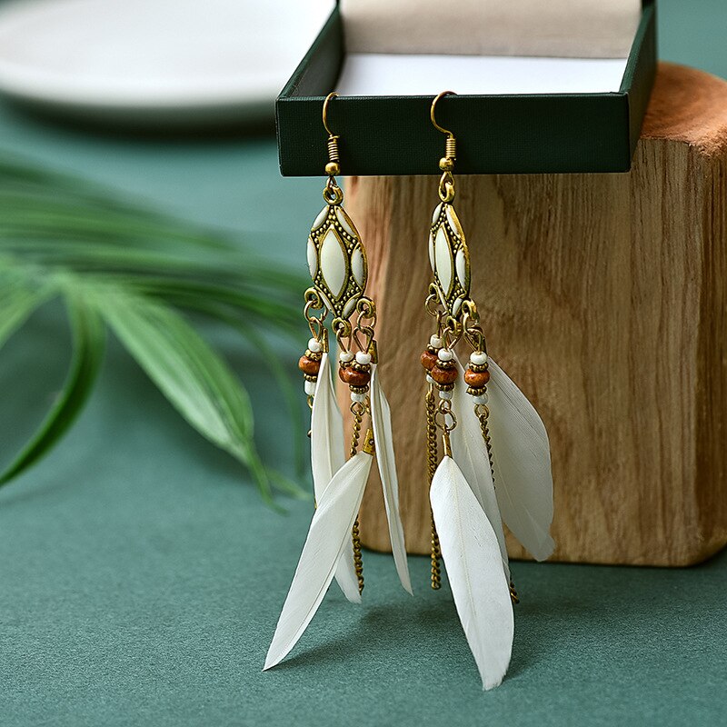 Bohemian Feather Earrings for Women Brincos Indian Jewelry Long Chian Tassel Silver Color Alloy Dangle Earrings As Gift daiiibabyyy