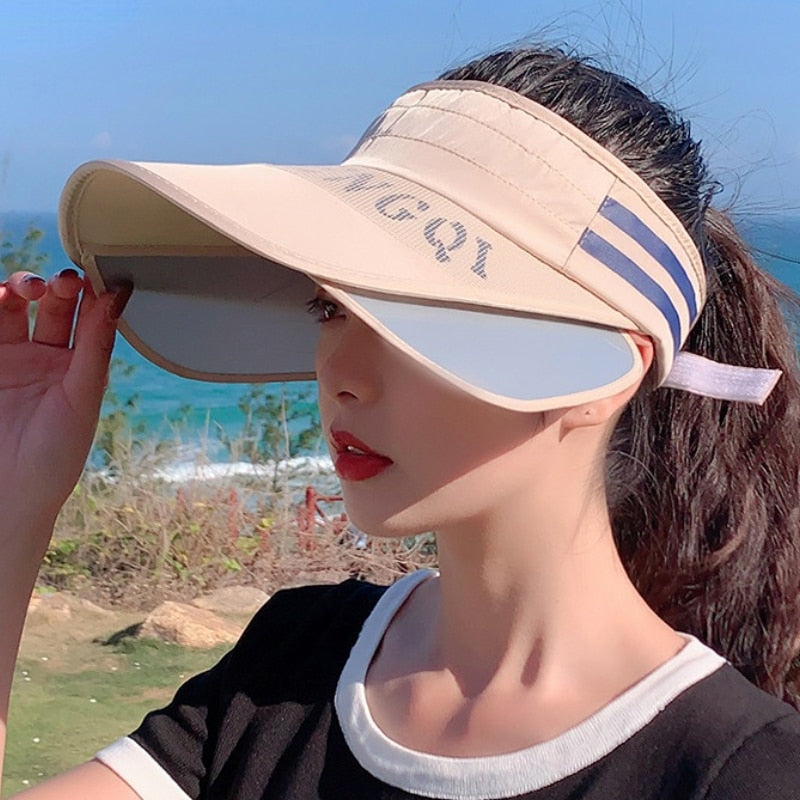 aiiibabyyy Summer Letter Print Empty Top Hat Women Retractable Big Brim Sun Hat Adjustable Striped Cycling Sunscreen Cap Beach Cap