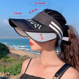 aiiibabyyy Summer Letter Print Empty Top Hat Women Retractable Big Brim Sun Hat Adjustable Striped Cycling Sunscreen Cap Beach Cap