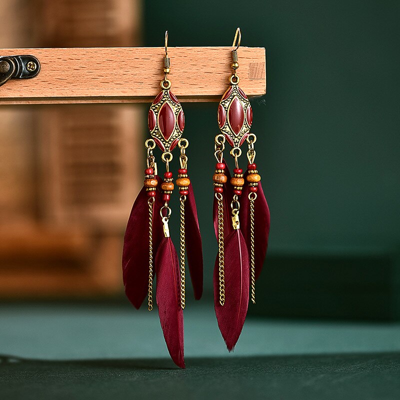 Bohemian Feather Earrings for Women Brincos Indian Jewelry Long Chian Tassel Silver Color Alloy Dangle Earrings As Gift daiiibabyyy