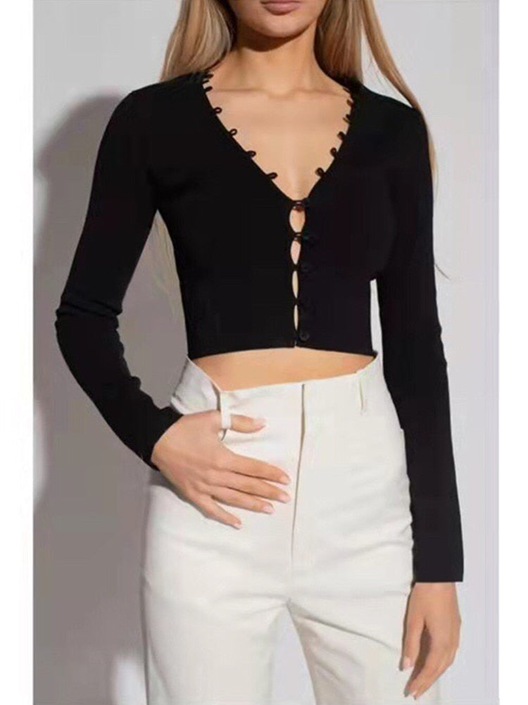 3 Colors Ladies Sexy Single Breasted Hollow Out Cardigan Fall New Female V Neck Long Sleeve Slim Short Knitwear Top
