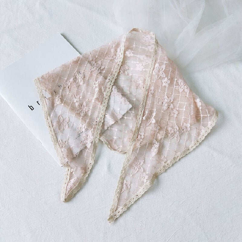 Candy Color Triangle Lace Scarf Hollow out Handkerchief Bag with Floral DIY Woman Lace Mesh Hair Head Scarfs Bandana daiiibabyyy