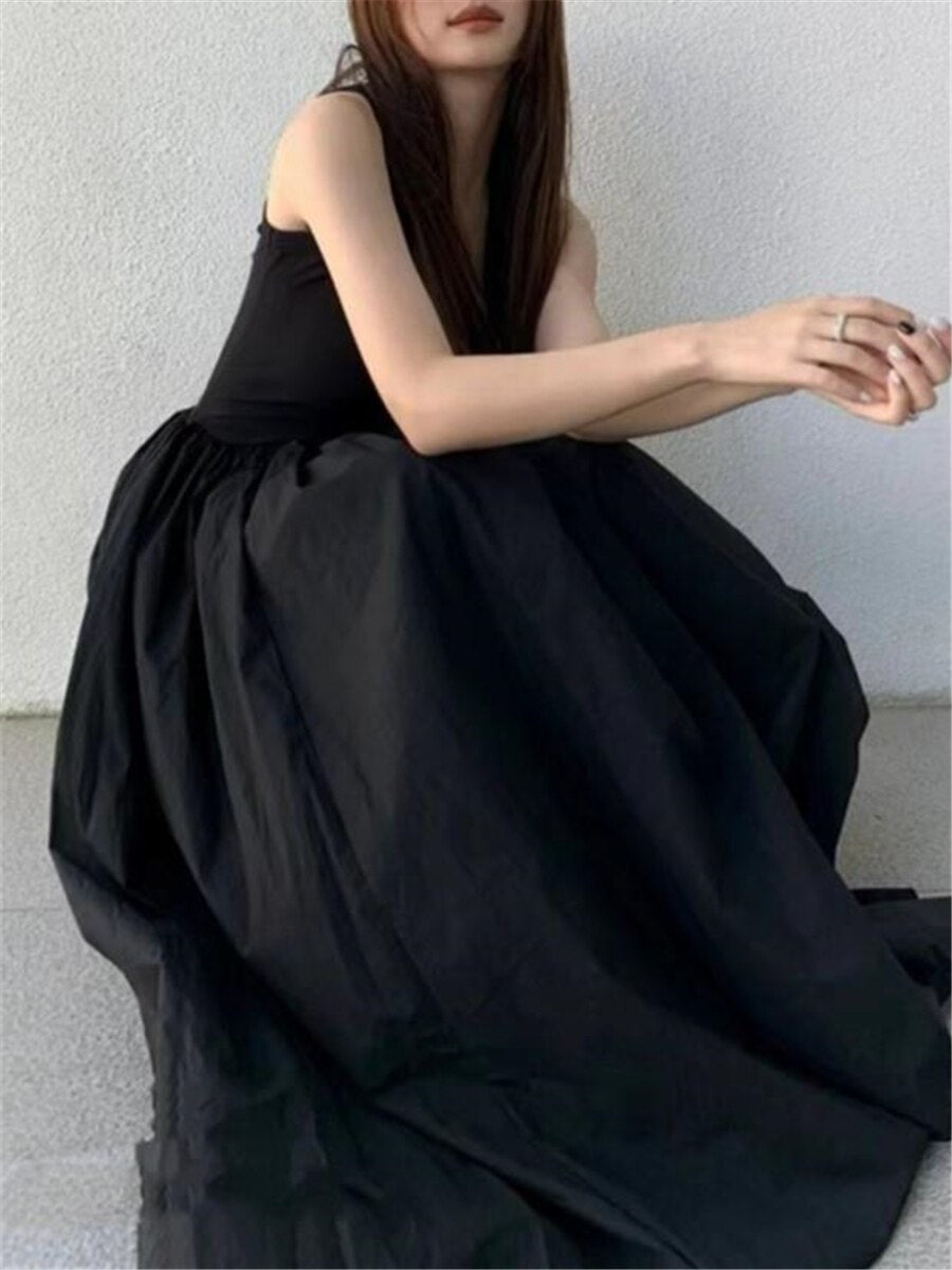 Black Long Tank Dress Women Spring Summer O Neck Floor-length Office Lady Casual Pockets Dresses 2023 New Female Clothing