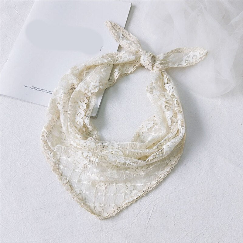 Candy Color Triangle Lace Scarf Hollow out Handkerchief Bag with Floral DIY Woman Lace Mesh Hair Head Scarfs Bandana daiiibabyyy