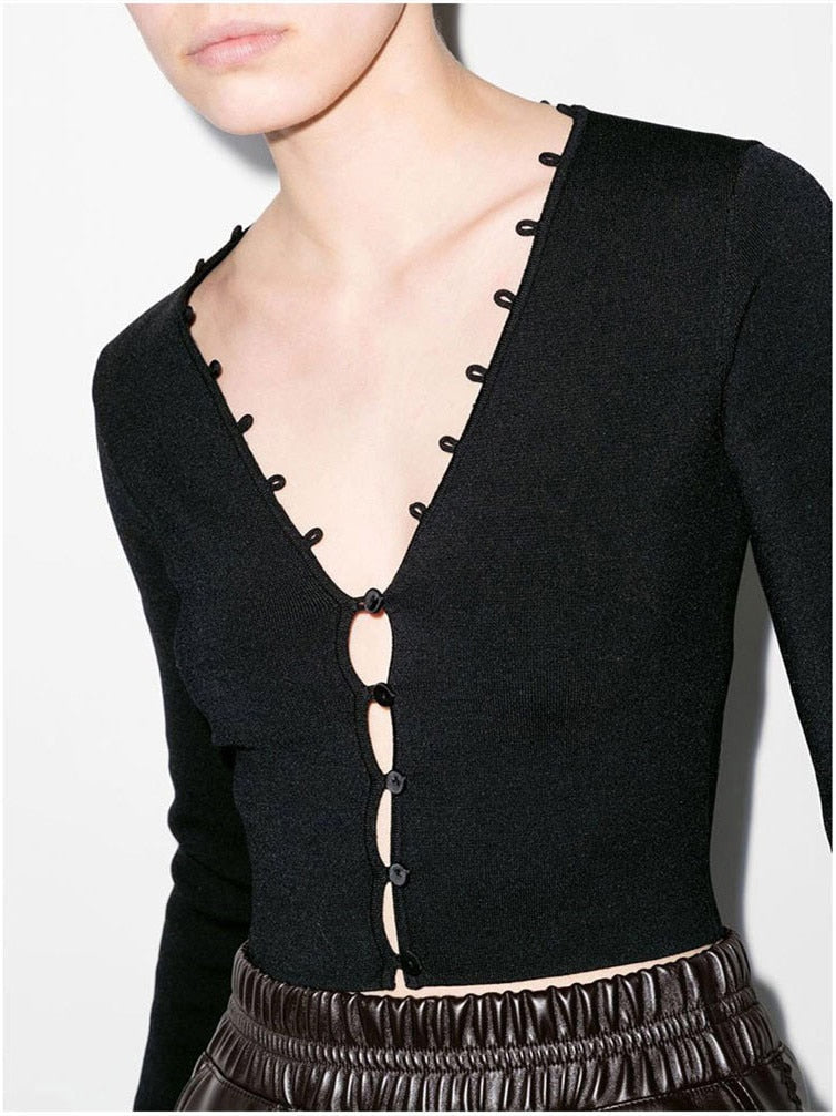 3 Colors Ladies Sexy Single Breasted Hollow Out Cardigan Fall New Female V Neck Long Sleeve Slim Short Knitwear Top