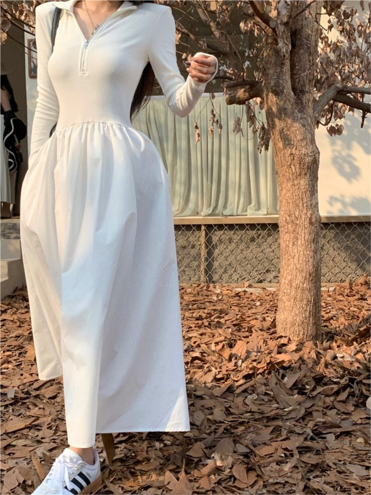 Autumn New Women Elegant Midi A Line Boho White Black Shirt Dress Female Vestdios Casual Lady One Piece Fashion Robe Clothes