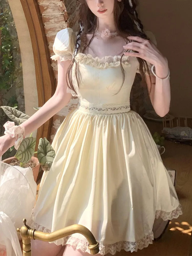 Blue Lace France Elegant Dress Women Puff Sleeve Evening Party Mini Dress Female Japanese Bow Sweet Kawaii Dress Summer New