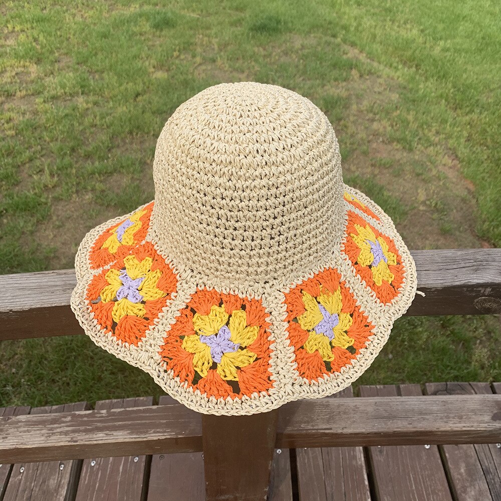 2022 Summer New Straw Hat Japanese Flower Handmade Crochet Caps Panama UV Protection Sun Visor Beach Hats Women daiiibabyyy