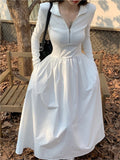 Autumn New Women Elegant Midi A Line Boho White Black Shirt Dress Female Vestdios Casual Lady One Piece Fashion Robe Clothes