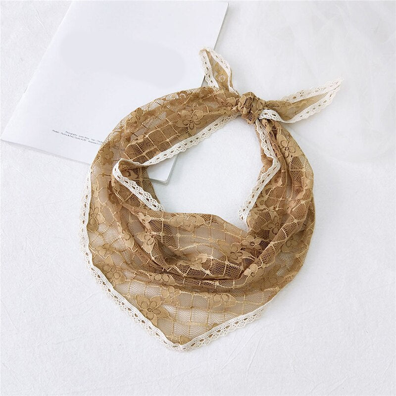 Candy Color Triangle Lace Scarf Hollow out Handkerchief Bag with Floral DIY Woman Lace Mesh Hair Head Scarfs Bandana daiiibabyyy
