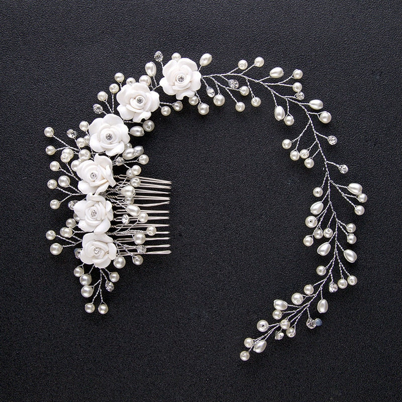 Bridal Wedding Crystal Bride Hair Accessories Pearl Flower Headband Handmade Hairband Beads Decoration Hair Comb For Women daiiibabyyy