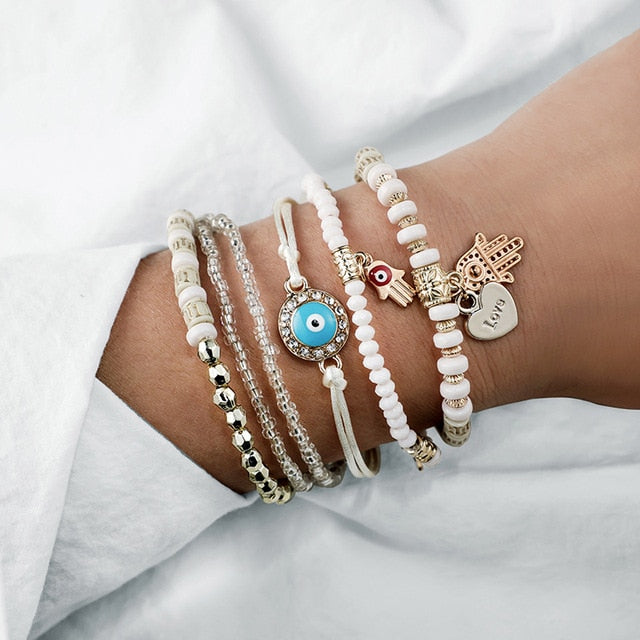 6 pcs/set Love Heart Infinity Symbol Charm Bracelets for Woman Gold Link Chain Bracelets Hollow Feather Black Beads Braclet Girl daiiibabyyy