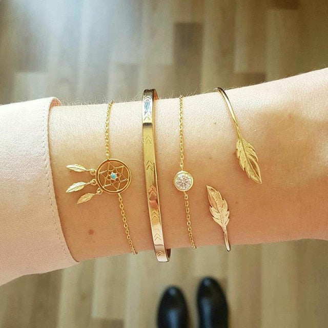 6 pcs/set Love Heart Infinity Symbol Charm Bracelets for Woman Gold Link Chain Bracelets Hollow Feather Black Beads Braclet Girl daiiibabyyy